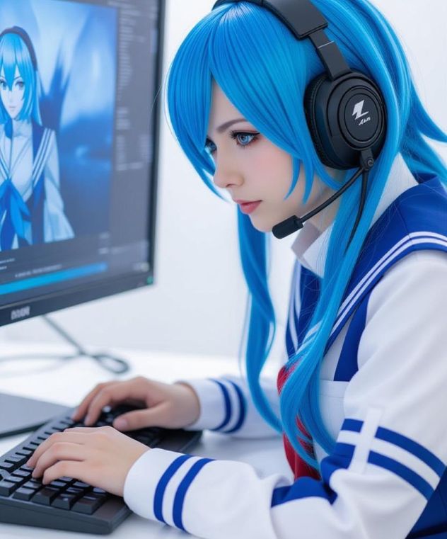 cosplayer working on a 3D model