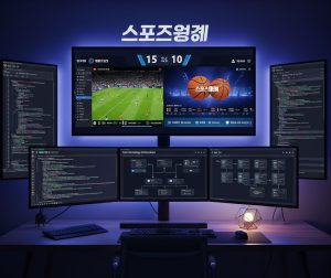 Modern software developer workspace with multiple screens showing live sports streaming in Korean (스포츠중계), code editor windows with real-time data APIs, and diagrams of streaming architecture; clean, tech-focused, vibrant lighting.