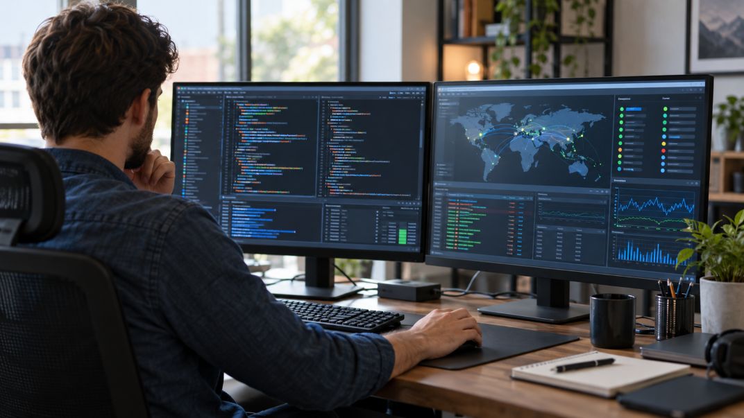 developer configuring network settings on two monitors